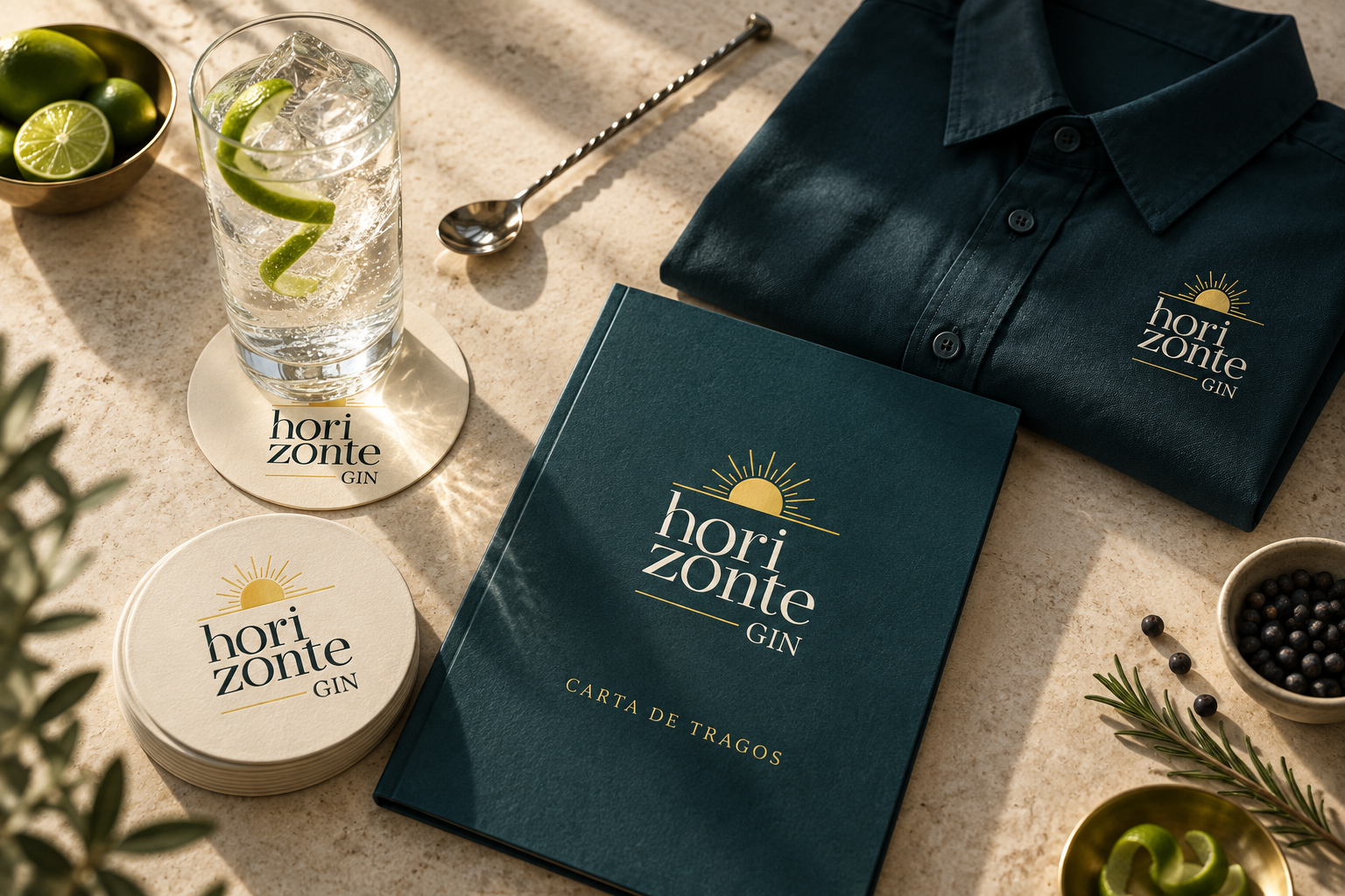Horizonte: posavasos, carta de tragos e indumentaria de bar